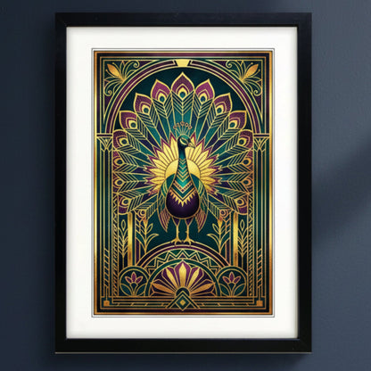 Framed wall art featuring a stylized peacock in an ornate Art Deco-inspired design with gold, teal, purple, and pink details, shown in a black frame with white mat on a light gray background.