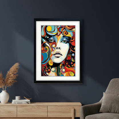 Framed abstract portrait wall art featuring a stylized woman's face with swirling colorful patterns in red, blue, yellow, orange, black, and white, shown in a black frame with white mat on a light gray background.