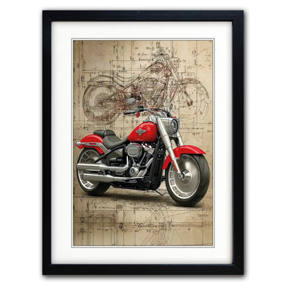 Framed wall art featuring a red cruiser motorcycle over a vintage blueprint-style beige background, shown in a black frame with white matting.