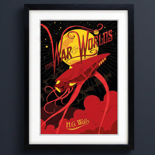 Framed poster print of H.G. wells, war of the worlds classic book cover presented as a wall print in a black frame on dark bluewall