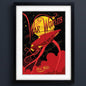 Framed poster print of H.G. wells, war of the worlds classic book cover presented as a wall print in a black frame on dark bluewall