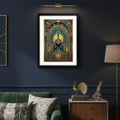 Framed wall art featuring a stylized peacock in an ornate Art Deco-inspired design with gold, teal, purple, and pink details, shown in a black frame with white mat on a light gray background.