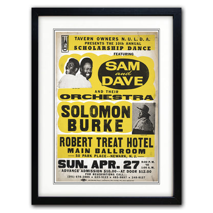 Framed vintage Sam and Dave and Solomon Burke concert poster with a white mat on a light background.