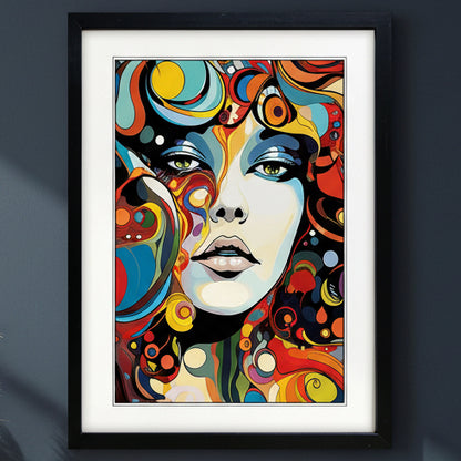 Framed abstract portrait wall art featuring a stylized woman's face with swirling colorful patterns in red, blue, yellow, orange, black, and white, shown in a black frame with white mat on a light gray background.
