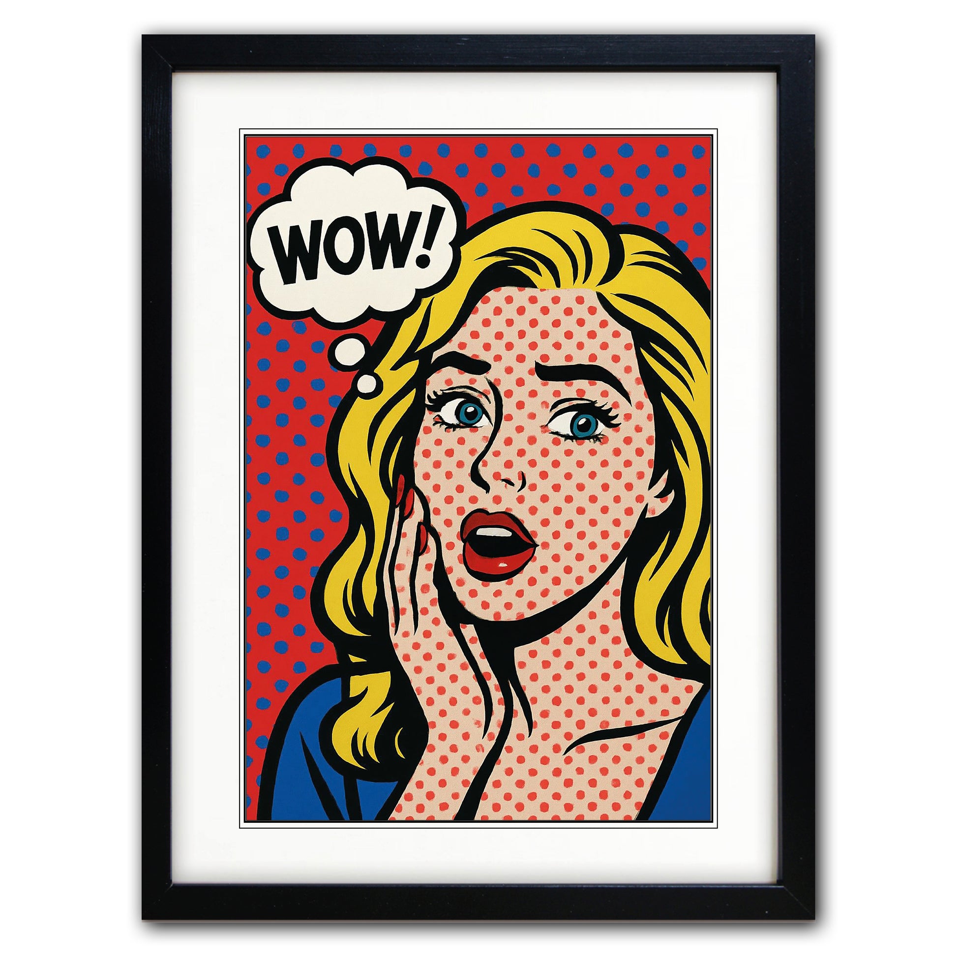 A framed pop-art print featuring a blonde woman with a halftone dot pattern, a speech bubble that says 'WOW!', and a red polka-dot background, shown in a black frame against a white wall.