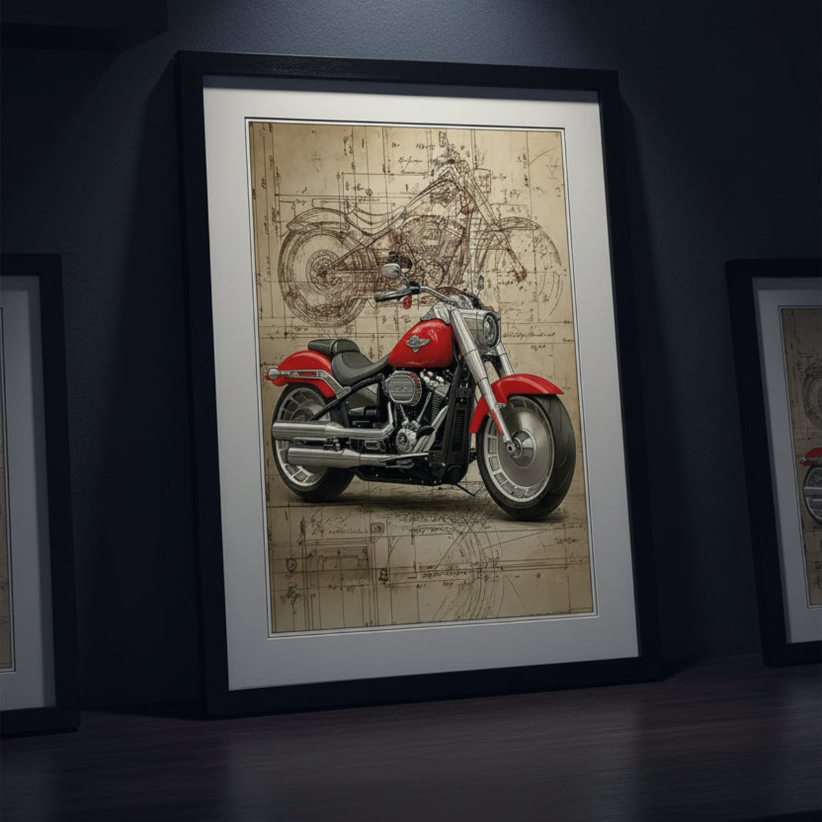 A framed art print featuring a red cruiser motorcycle over a vintage blueprint-style background, displayed leaning against a dark wall in a room setting.