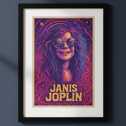 A framed art print featuring a psychedelic portrait of Janis Joplin with swirling purple, pink, and orange waves, stars, and the text 'Janis Joplin' in yellow at the bottom. The print is matted in white and enclosed in a black frame against a plain white background.