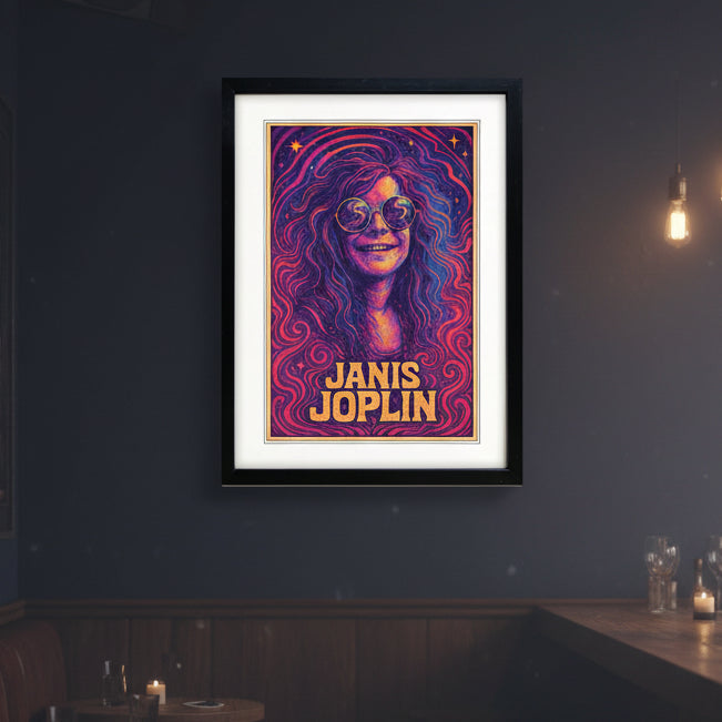 A framed art print featuring a psychedelic portrait of Janis Joplin with swirling purple, pink, and orange waves, stars, and the text 'Janis Joplin' in yellow at the bottom. The print is matted in white and enclosed in a black frame against a plain white background.