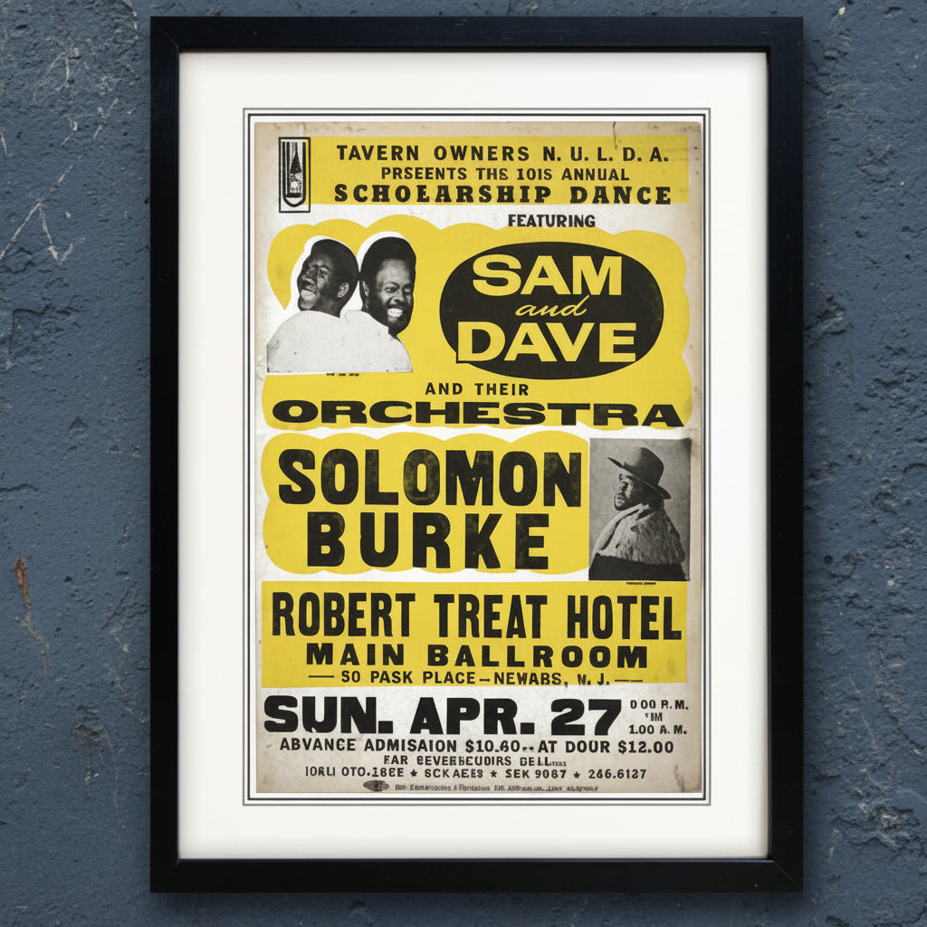 A framed vintage concert poster for Sam and Dave and Solomon Burke, featuring bold yellow text blocks, black typography, and a black frame with a white mat on a light background.