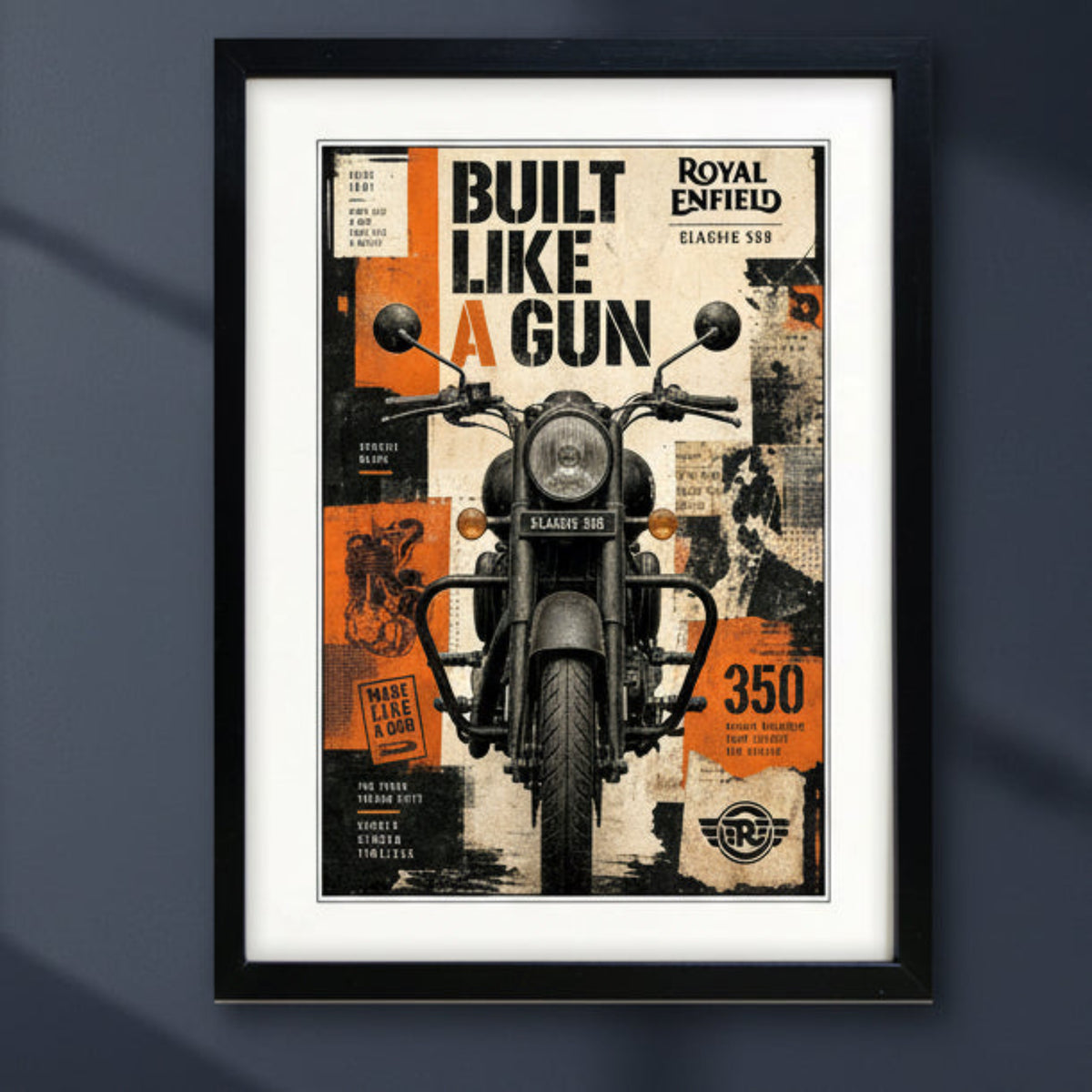 Royal Enfield motor cycle retro print in black picture frame on dark blue wall 