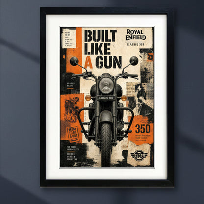 Royal Enfield motor cycle retro print in black picture frame on dark blue wall 