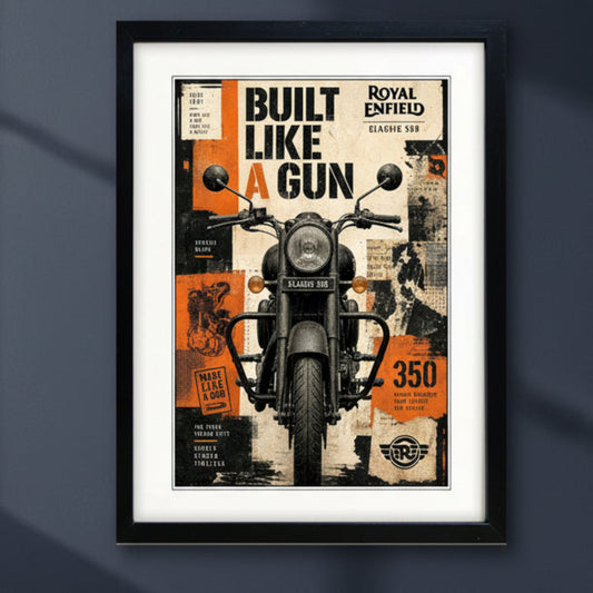 Royal Enfield motor cycle retro print in black picture frame on dark blue wall 