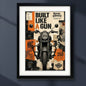 Royal Enfield motor cycle retro print in black picture frame on dark blue wall 