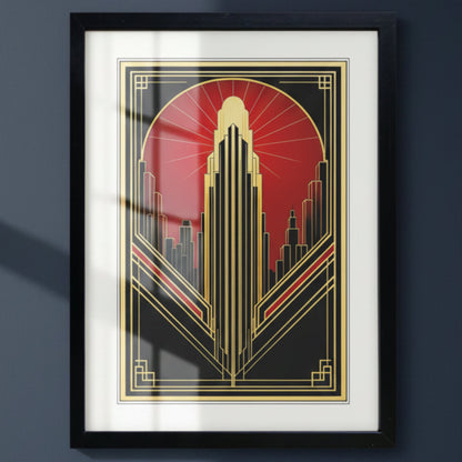 Framed art print featuring an Art Deco style illustration of a skyscraper and city skyline in black, gold, and red, shown with a white mat and black frame on a white background.