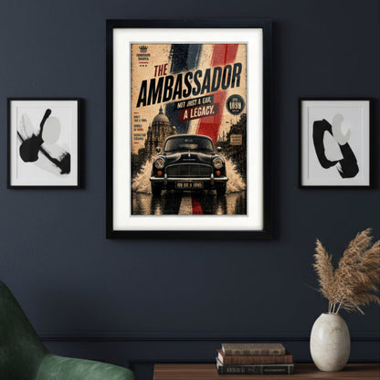 A framed vintage-style poster featuring a black classic car in front of a Union Jack flag, with large text reading 'THE AMBASSADOR' and smaller text 'NOT JUST A CAR, A LEGACY.' The poster is shown with a white mat and a black frame on a light gray background.