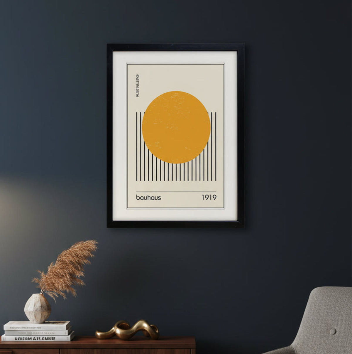 Framed Bauhaus 1919 art print featuring a bold mustard yellow circle, black vertical stripes, and black text on a cream background, enclosed in a black frame.