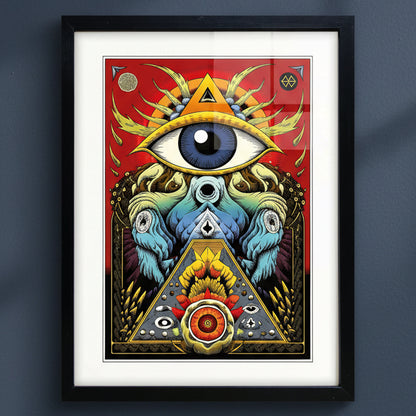 A framed art print featuring a highly detailed, colorful all-seeing eye illustration with a red background, gold sunburst, and blue-green central figure, presented in a black frame with a white mat against a dark gray wall.