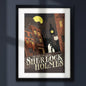 A framed vintage-style poster titled "The Adventures of Sherlock Holmes" showing a dark illustrated street scene with Big Ben, a full moon, and cream lettering, presented in a black frame with white matting on a light gray background.