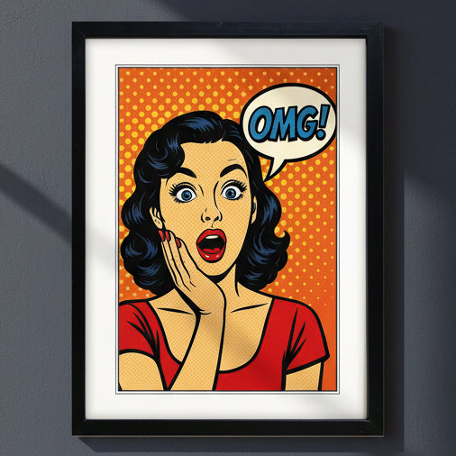 Framed pop-art style wall art featuring a surprised woman with dark wavy hair, a red top, and an orange halftone background, with a speech bubble reading OMG! in blue.