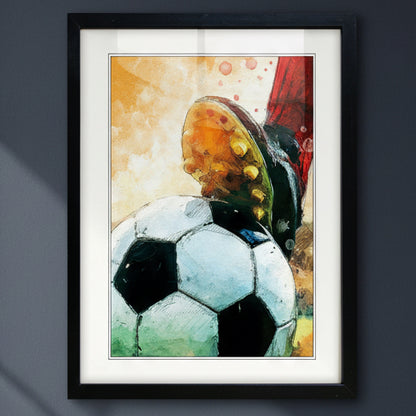 Framed watercolor art print featuring a soccer ball and a soccer cleat, presented in a black frame with a white mat on a white background.