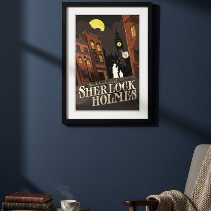 A framed vintage-style poster titled "The Adventures of Sherlock Holmes" showing a nighttime city street scene with brick buildings, a yellow moon, and silhouetted figures, presented in a black frame with white matting on a light background.