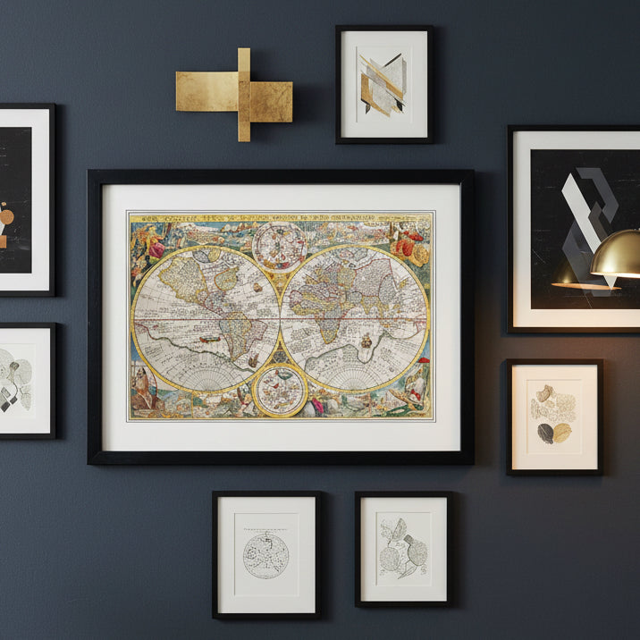 A framed vintage world map print with two large hemispheres, decorative cartouches, and illustrated figures around the border, shown in a black frame with white mat on a light gray background.