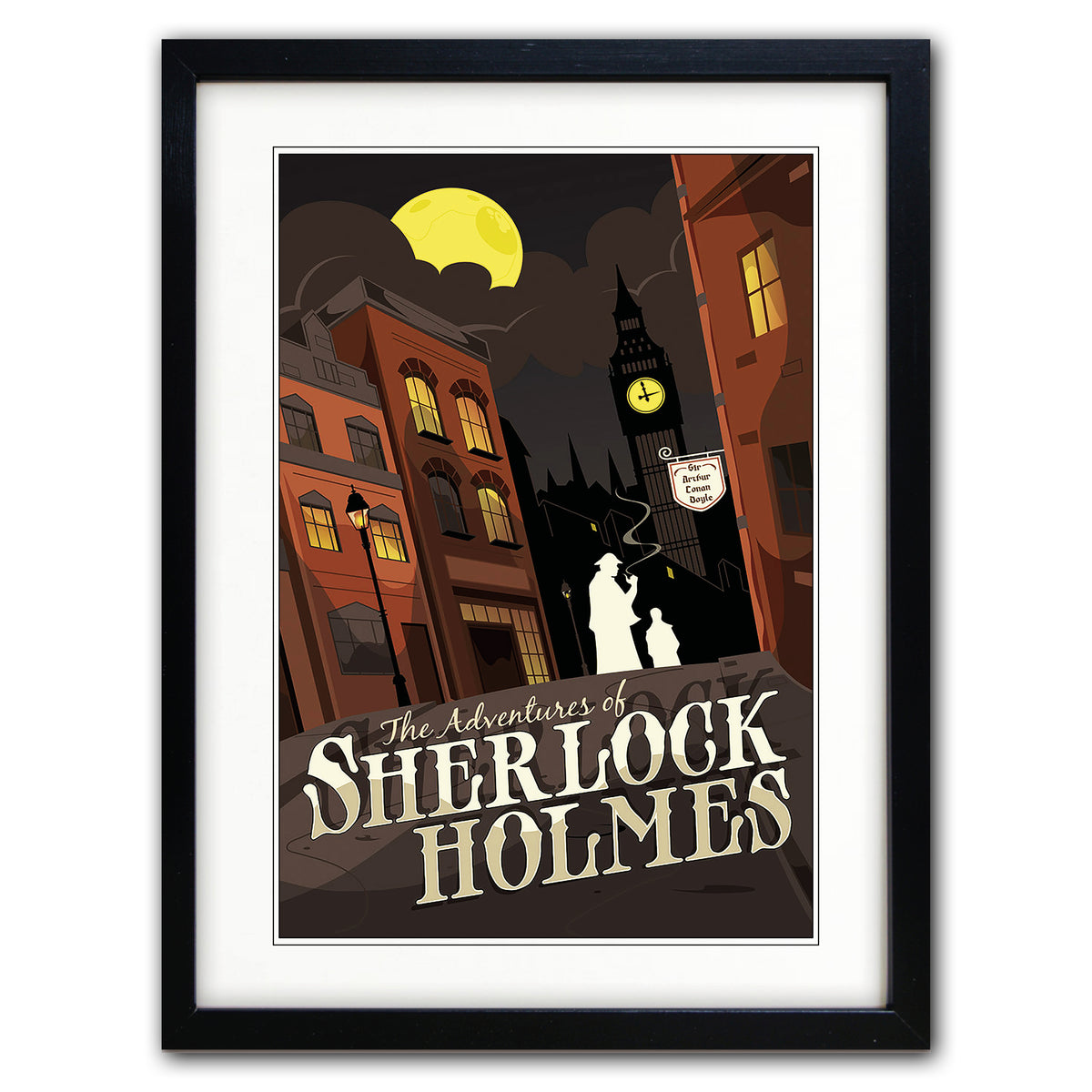 A framed vintage-style poster titled "The Adventures of Sherlock Holmes" showing a nighttime city street scene with brick buildings, a yellow moon, and silhouetted figures, presented in a black frame with white matting on a light background.