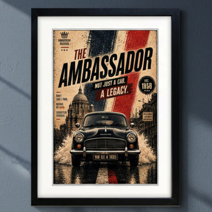 A framed vintage-style poster featuring a black classic car in front of a Union Jack flag, with large text reading 'THE AMBASSADOR' and smaller text 'NOT JUST A CAR, A LEGACY.' The poster is shown with a white mat and a black frame on a light gray background.