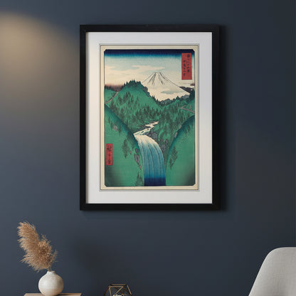 Framed Japanese-style art print depicting a mountain landscape with a waterfall, shown against a plain white background.