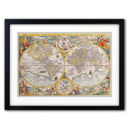 A framed vintage world map print with two large hemispheres, decorative cartouches, and illustrated figures around the border, shown in a black frame with white mat on a light gray background.