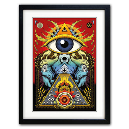 Framed art print featuring a stylized all-seeing eye illustration with a large blue eye inside a gold triangle, surrounded by red, yellow, and blue abstract details, presented in a black frame with a white mat.