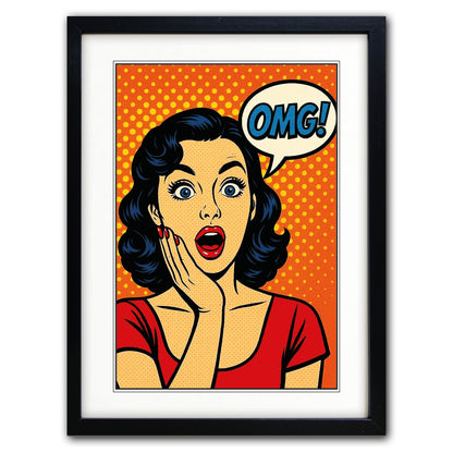 Framed pop-art style wall art featuring a surprised woman with dark wavy hair, a red top, and an orange halftone background, with a speech bubble reading OMG! in blue.