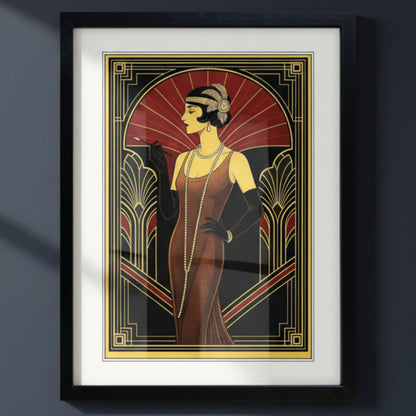 Framed art print featuring an Art Deco style illustration of a 1920s flapper woman in a brown dress, wearing a black hat, gloves, and necklace, set against a red and black background with gold geometric borders. The print is framed in black with a white mat.