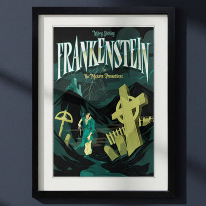 Framed gothic art print of Mary Shelley's Frankenstein, featuring a stylized illustration of a graveyard scene with a figure in a teal coat and large tombstones, presented in a black frame with white matting.