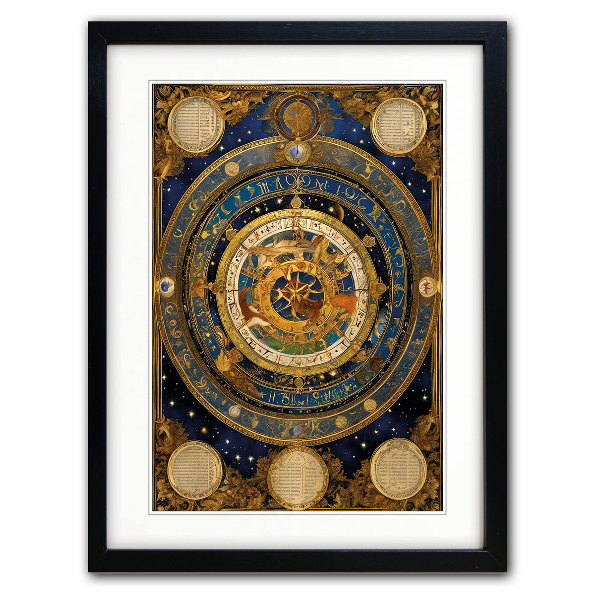 Framed celestial art print featuring an intricate golden zodiac wheel and astrological symbols on a deep blue starry background, presented in a black frame with a white mat.