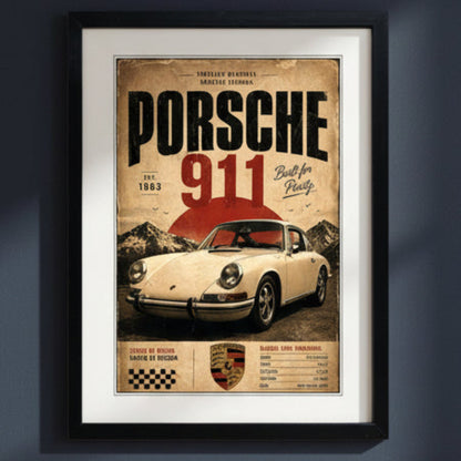 A framed vintage-style Porsche 911 poster print with a black frame and white mat, featuring a cream-colored sports car, bold black and red text, and a distressed tan background.