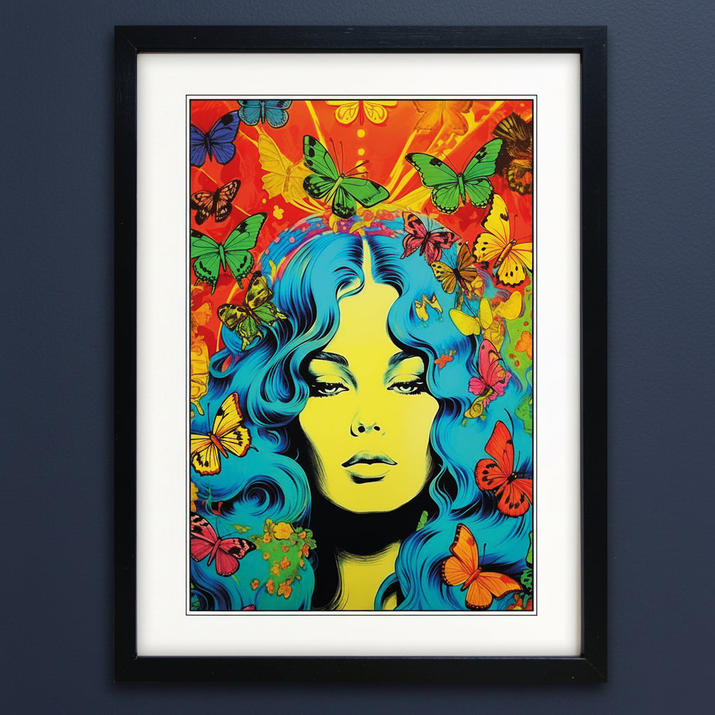 A framed pop art print featuring a stylized woman's face with bright blue hair surrounded by colorful butterflies on a vivid orange and yellow background, presented in a black frame with a white mat.