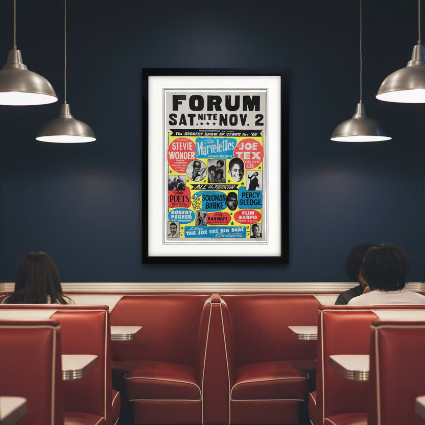 A framed vintage-style concert poster for Forum, Saturday, November 2, featuring multiple colorful performer callouts including Stevie Wonder, The Warlettes, Joe Tex, Solomon Burke, Percy Sledge, and Slim Harpo. The poster is shown with a white mat and a black frame against a light gray background.
