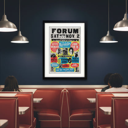 A framed vintage-style concert poster for Forum, Saturday, November 2, featuring multiple colorful performer callouts including Stevie Wonder, The Warlettes, Joe Tex, Solomon Burke, Percy Sledge, and Slim Harpo. The poster is shown with a white mat and a black frame against a light gray background.