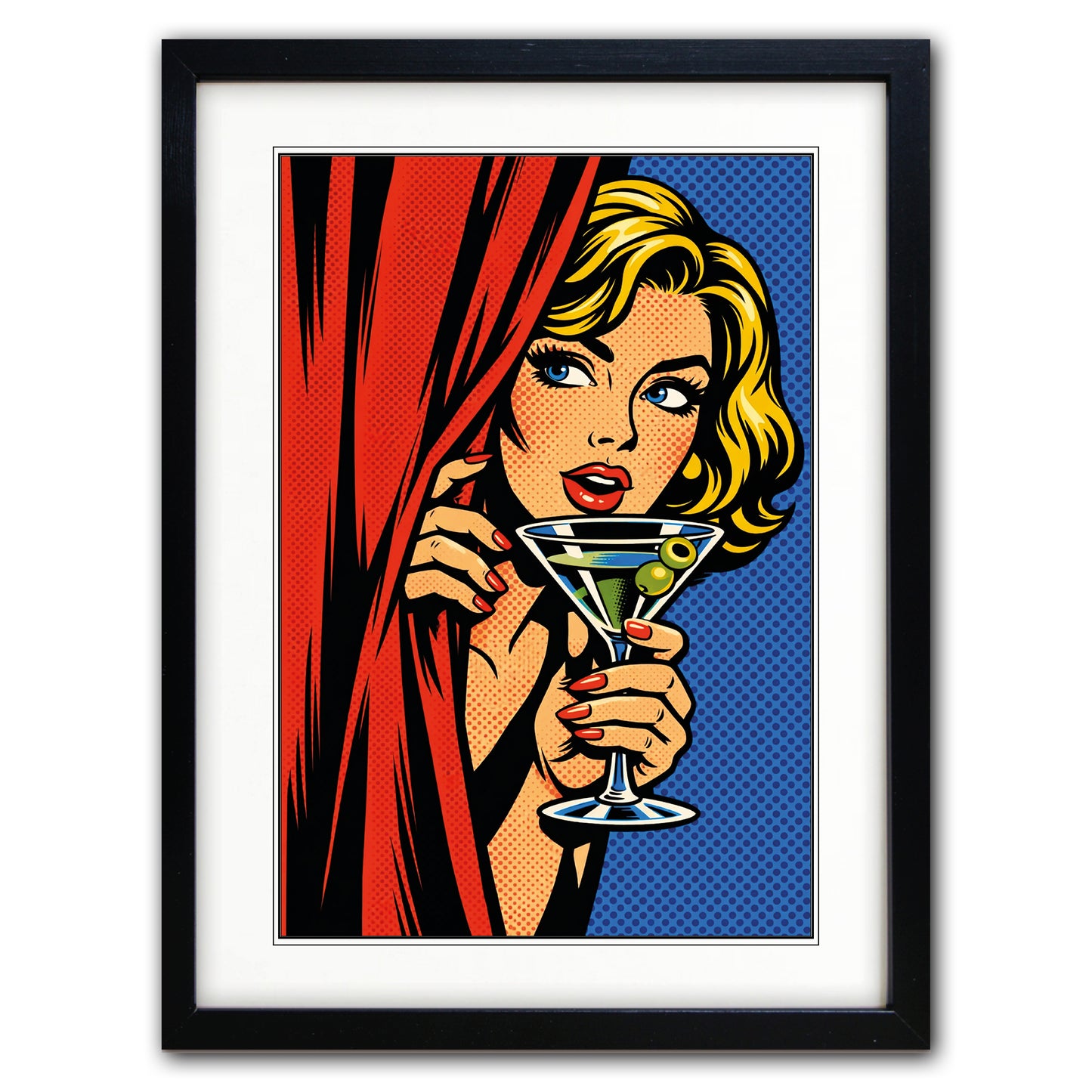 Framed pop-art style print featuring a blonde woman peeking from behind a red curtain and holding a martini glass with olives, set against a blue halftone background. The artwork is shown in a black frame with a white mat on a white background.