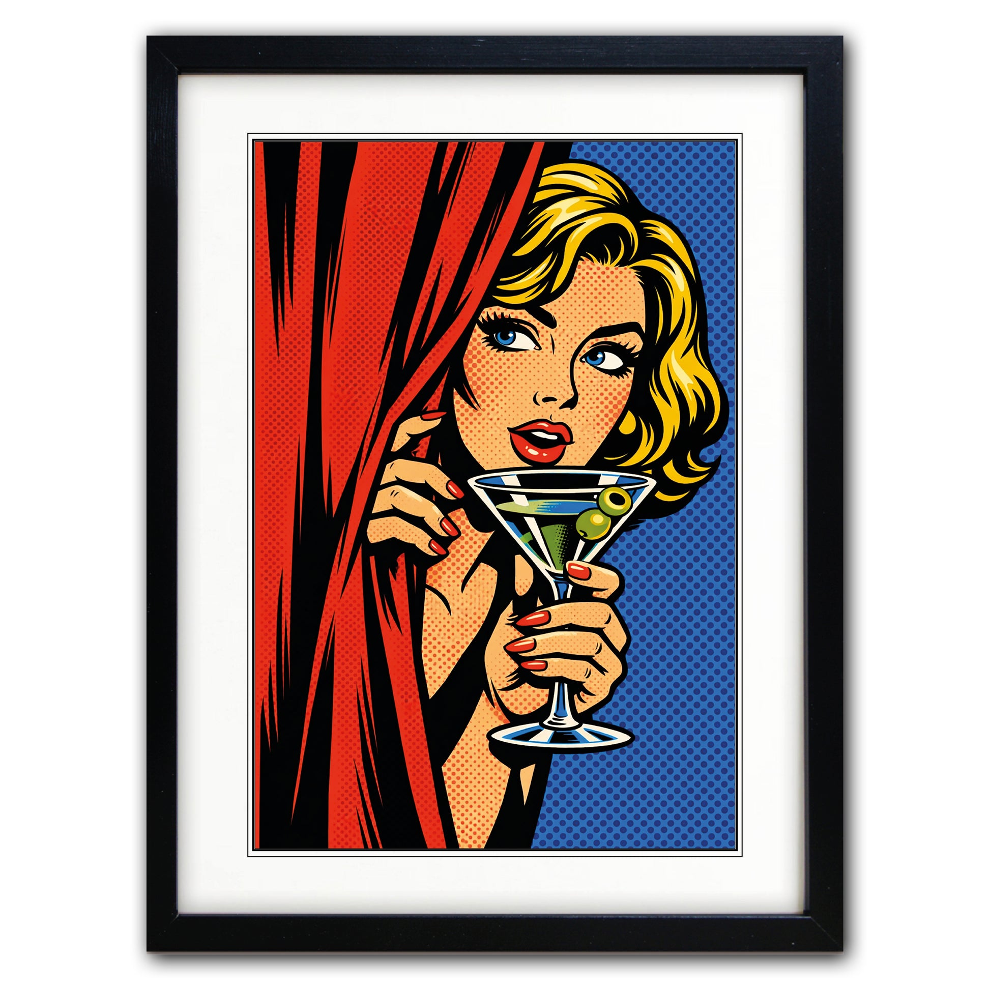 Framed pop-art style print featuring a blonde woman peeking from behind a red curtain and holding a martini glass with olives, set against a blue halftone background. The artwork is shown in a black frame with a white mat on a white background.