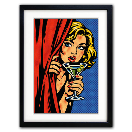 Framed pop-art style print featuring a blonde woman peeking from behind a red curtain and holding a martini glass with olives, set against a blue halftone background. The artwork is shown in a black frame with a white mat on a white background.