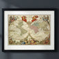 A framed vintage world map print with a black frame and white mat, showing two large hemispheric maps with decorative classical figures and pastel-colored landmasses.