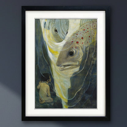 Framed art print featuring a surreal painting of a large fish head with a small seated human figure in the lower left, presented in a black frame with white matting against a light gray background.