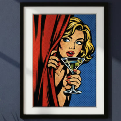 Framed pop-art style print featuring a blonde woman peeking from behind a red curtain and holding a martini glass with olives, set against a blue halftone background. The artwork is shown in a black frame with a white mat on a white background.