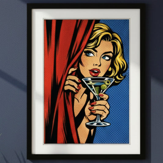 Framed pop-art style print featuring a blonde woman peeking from behind a red curtain and holding a martini glass with olives, set against a blue halftone background. The artwork is shown in a black frame with a white mat on a white background.