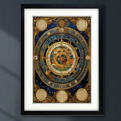 Framed celestial art print featuring an intricate golden zodiac wheel and astrological symbols on a deep blue starry background, presented in a black frame with a white mat.