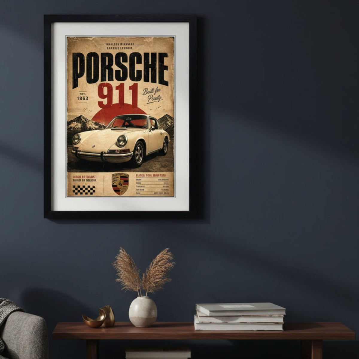 A framed vintage-style Porsche 911 poster print with a black frame and white mat, featuring a cream-colored sports car, bold black and red text, and a distressed tan background.