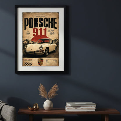 A framed vintage-style Porsche 911 poster print with a black frame and white mat, featuring a cream-colored sports car, bold black and red text, and a distressed tan background.