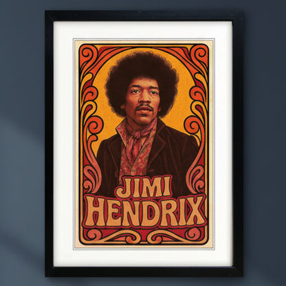Framed poster print featuring Jimi Hendrix in a stylized retro illustration with the text 'JIMI HENDRIX' on a white background.